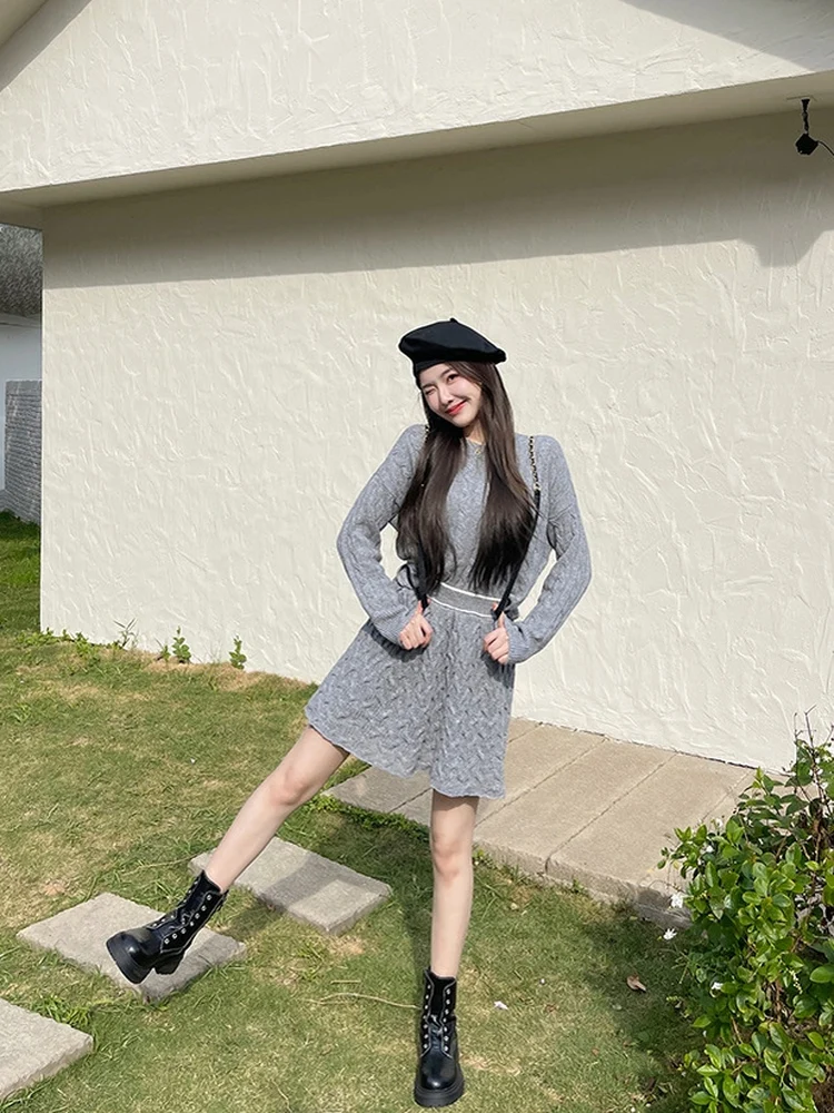 

Свободный вязаный свитер-пальто и короткая юбка для девочек: повседневный зимний модный комплект из двух предметов с высокой талией и круглым вырезом