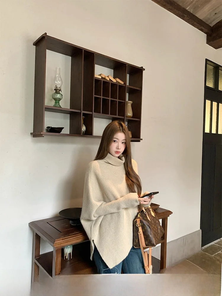 

Ele High Collar Loose Women's Knitted Sweater Fce Long Sve Batwing Sve Color Casual Wear Winter Coat
