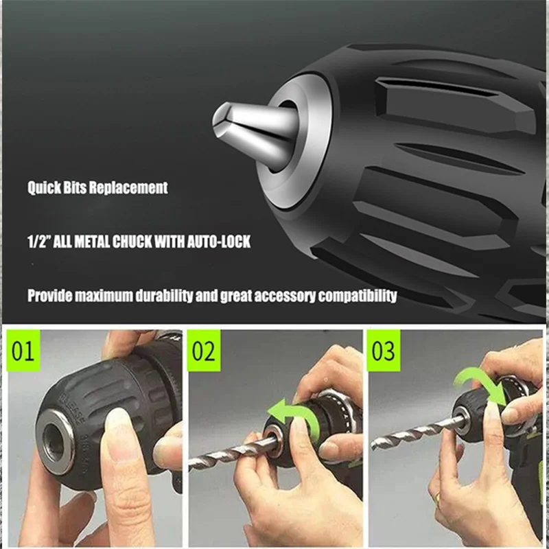 Cordless Battery Drill Electric Impact Drill Hammer Drill Screwdriver Rechargeable Drill Screwdriver Power Tools 1/2 Pcs Battery