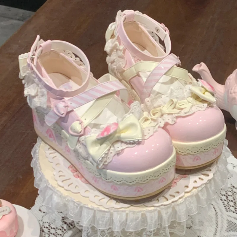 لطيف الحلو لوليتا أحذية سميكة وحيد منصة النساء مضخات بو الجلود ماري جينس الفتيات الصنادل عبر حزام أحذية الأميرة الحفلات