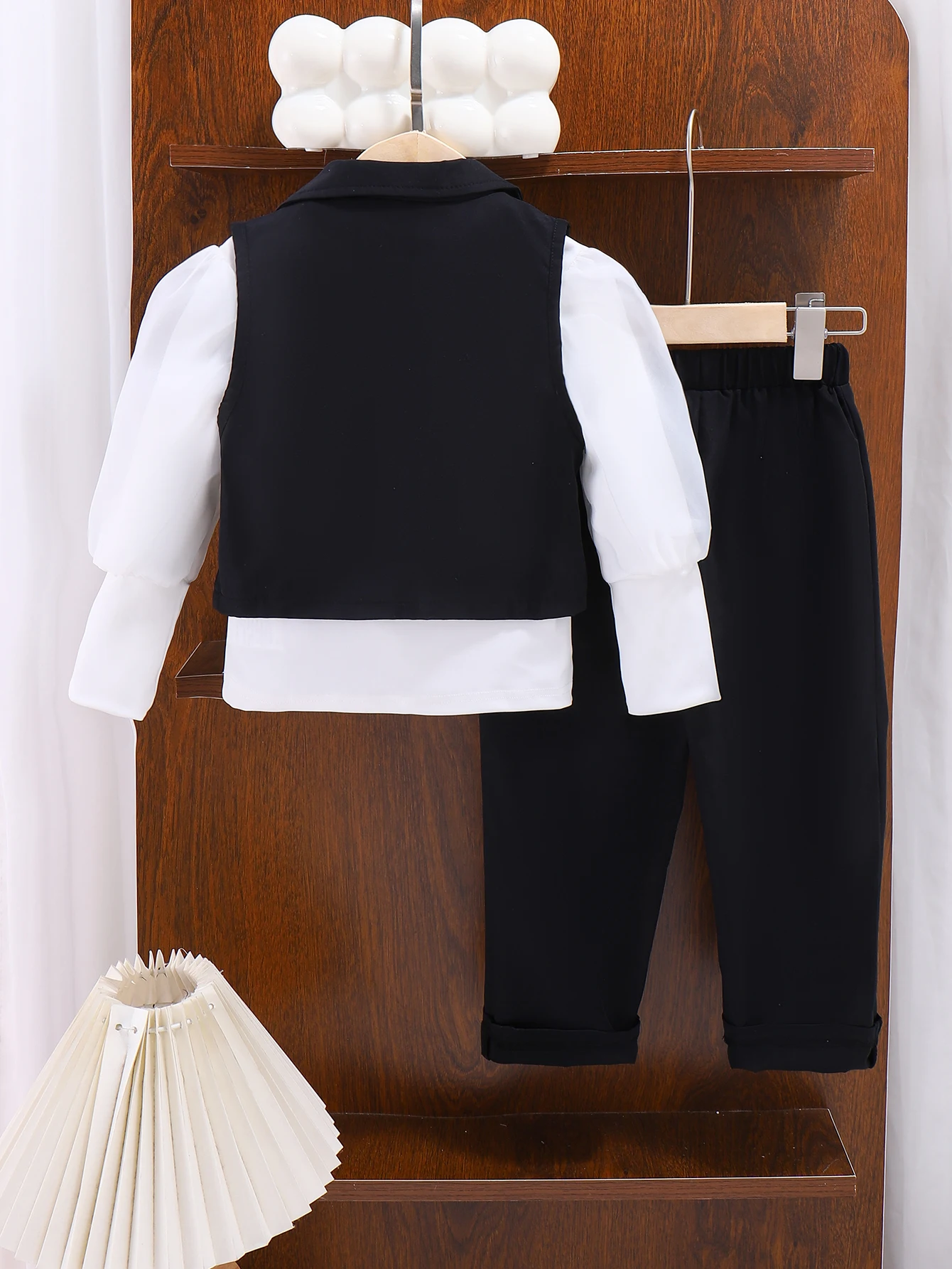Girls' Fashion Three-Piece Suit: White Cuff-Fitted Top + Black Buttoned Vest + Black Trousers
