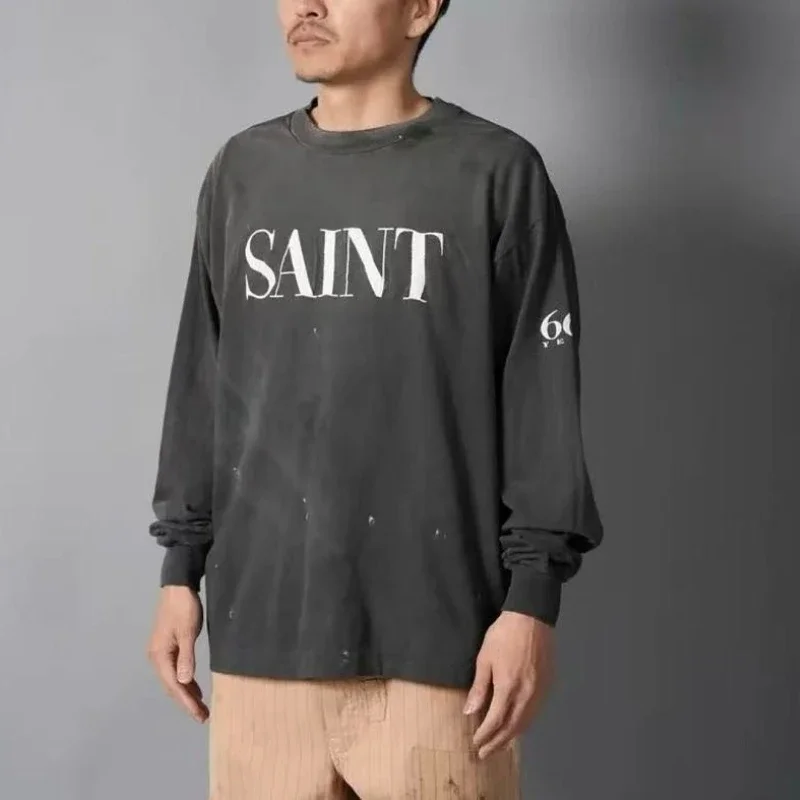 Saint T-shirts Breathable Classic Printing Letter Logo Long Sleeved T-shirt Men Women Loose Tps Arrival