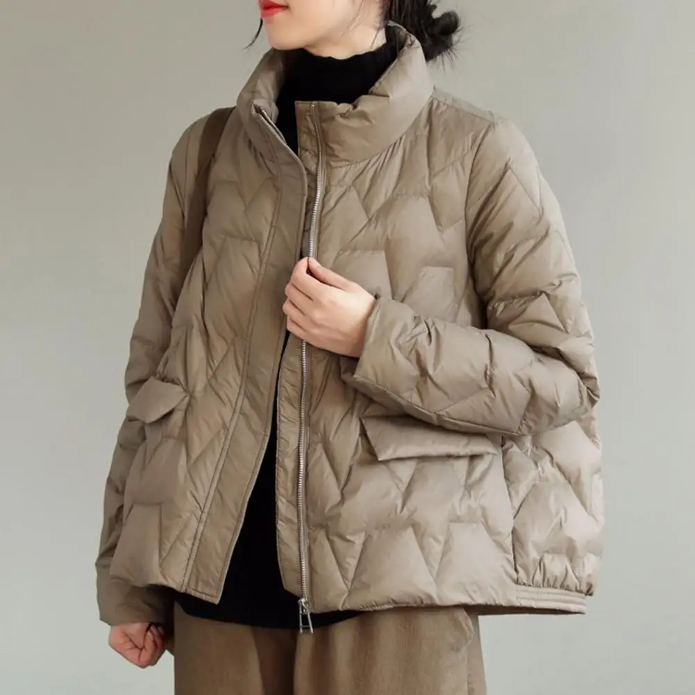 Puffer Jacket Zipper Closure All-Match Duck Down Wool Smooth Surface Insulated Down Coat For Women