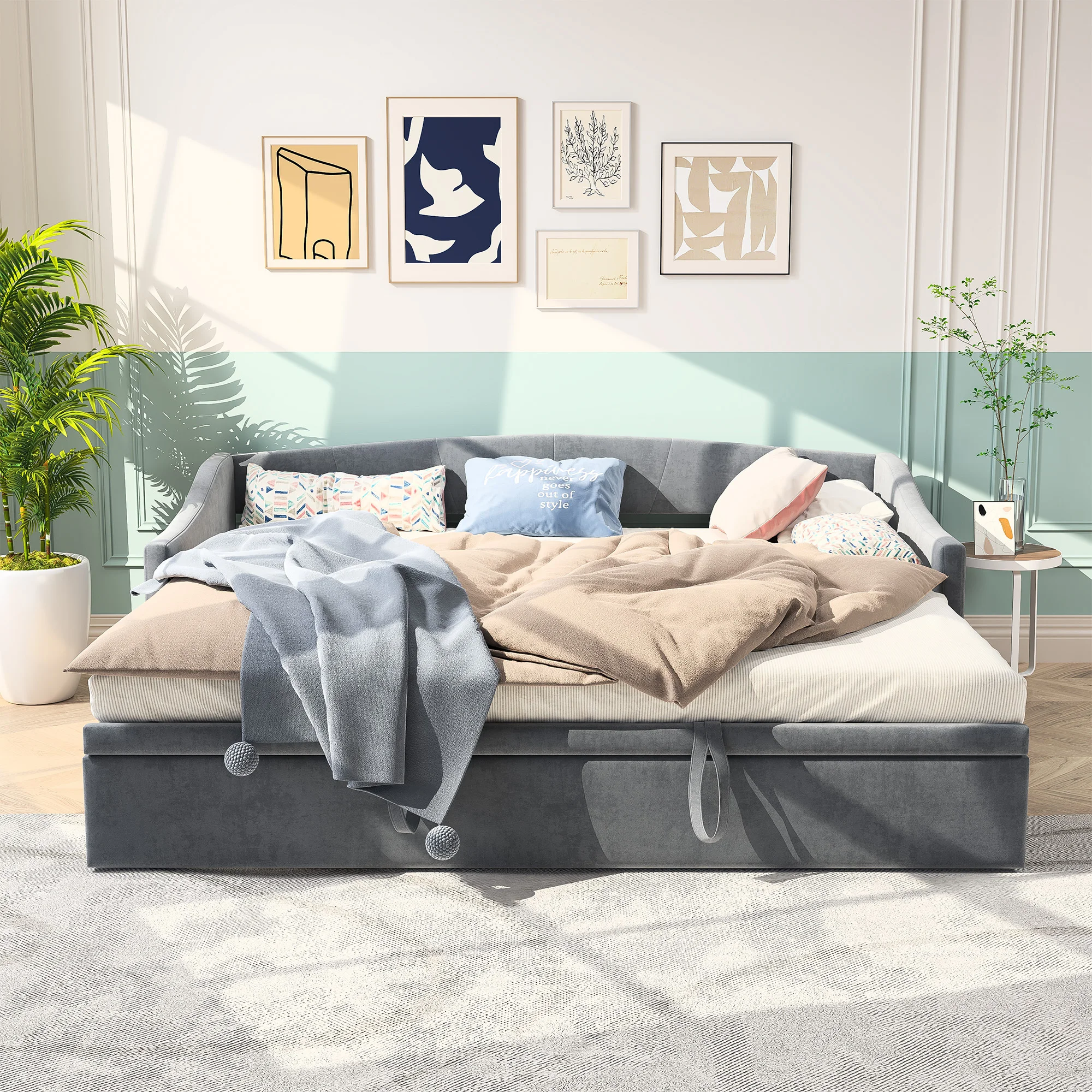 Upholstered Bed, Pull-Out Sofa Bed, with Slatted Frames, Multifunctional Bed, Skin-friendly Velvet Fabric, Grey, 90/180 x 200 cm