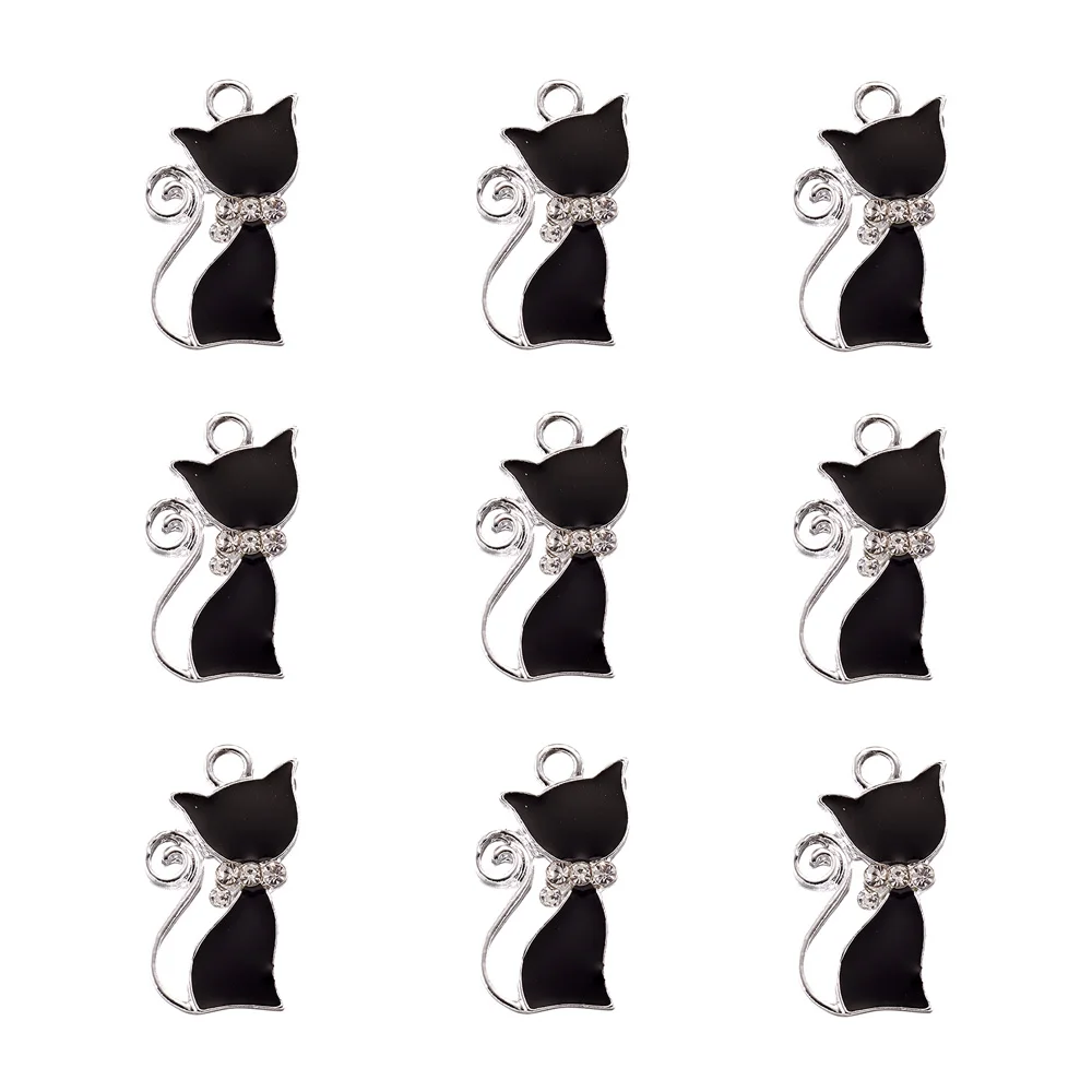 

10pcs Enamel Charms Metal Cat Shape with Rhinestones For DIY Necklace Pendant Bracelet Earrings Jewelry Making Accessories