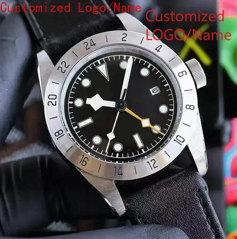 Automatic Mechanical Watch Men GMT Luminous Stainless Steel Black White dial Leather Ceramic Sapphire Watches Customized