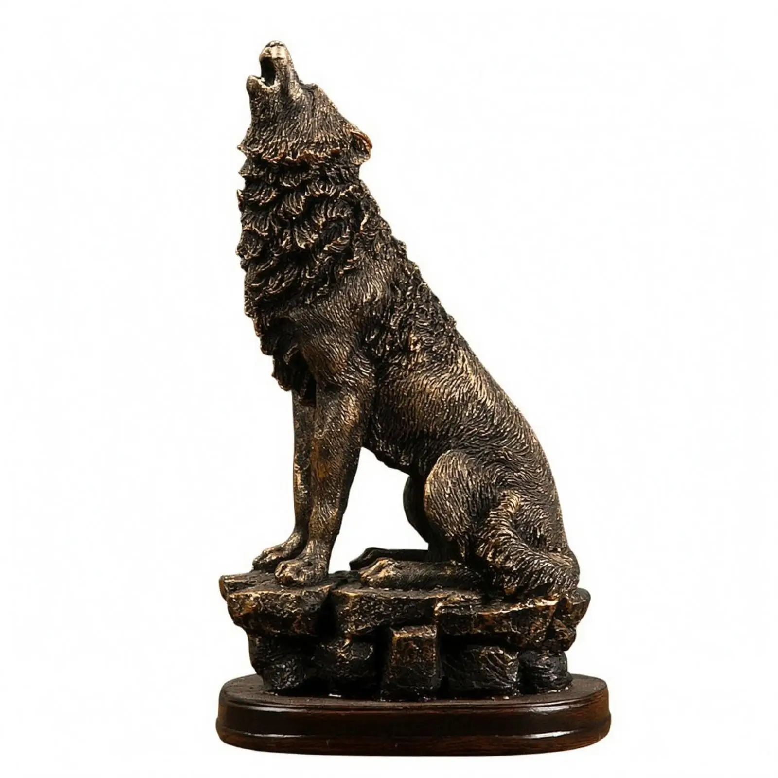 Howling Wolf Statue Resin Wolf Figurine on Boulder Base Bronze-Like Highlights