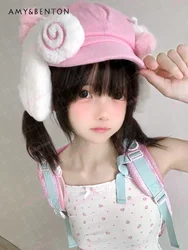 Original Design Octagonal Hat Rabbit Ears Pink Beret Versatile Cute Subculture Japanese Style Winter Hat Sweet Cute Painter Hat