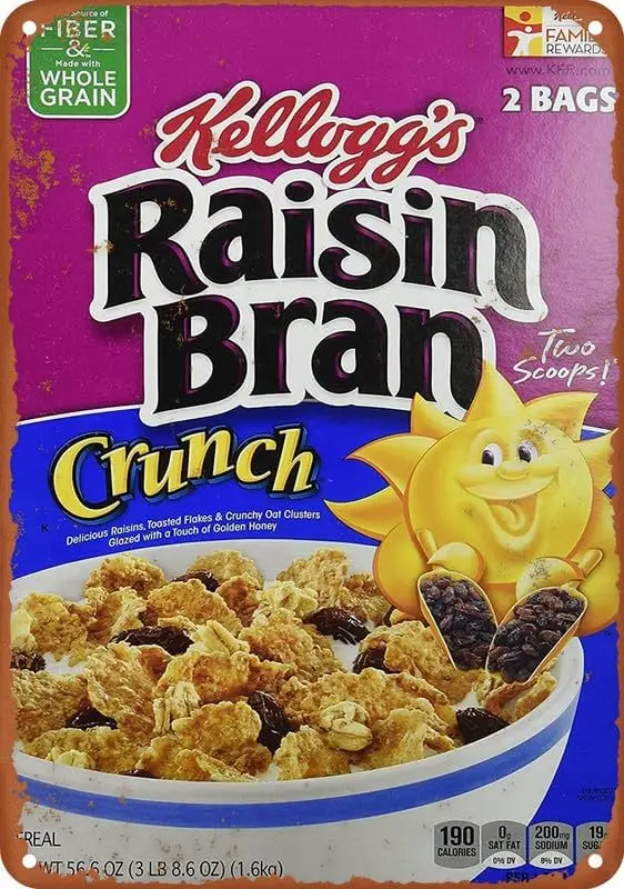 Raisin Bran Crunch Logotipo de comida de cereales, cartel de Metal de aluminio, placa de pared, póster para cafetería, Bar, restaurante, supermercado, regalo