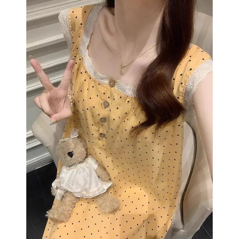 Square Collar Nightdress Women's Summer Short-sleeved Pajamas Polka Dot Dress with Chest Pad Loungewear High Sense