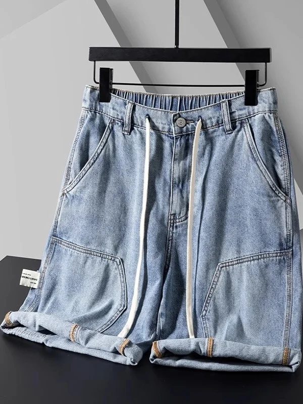 

Мужские джинсовые лыжи в американском стиле ретро, летняя тонкая свободная рабочая одежда, прямые брюки средней длины, повседневные брюки пять четвертей