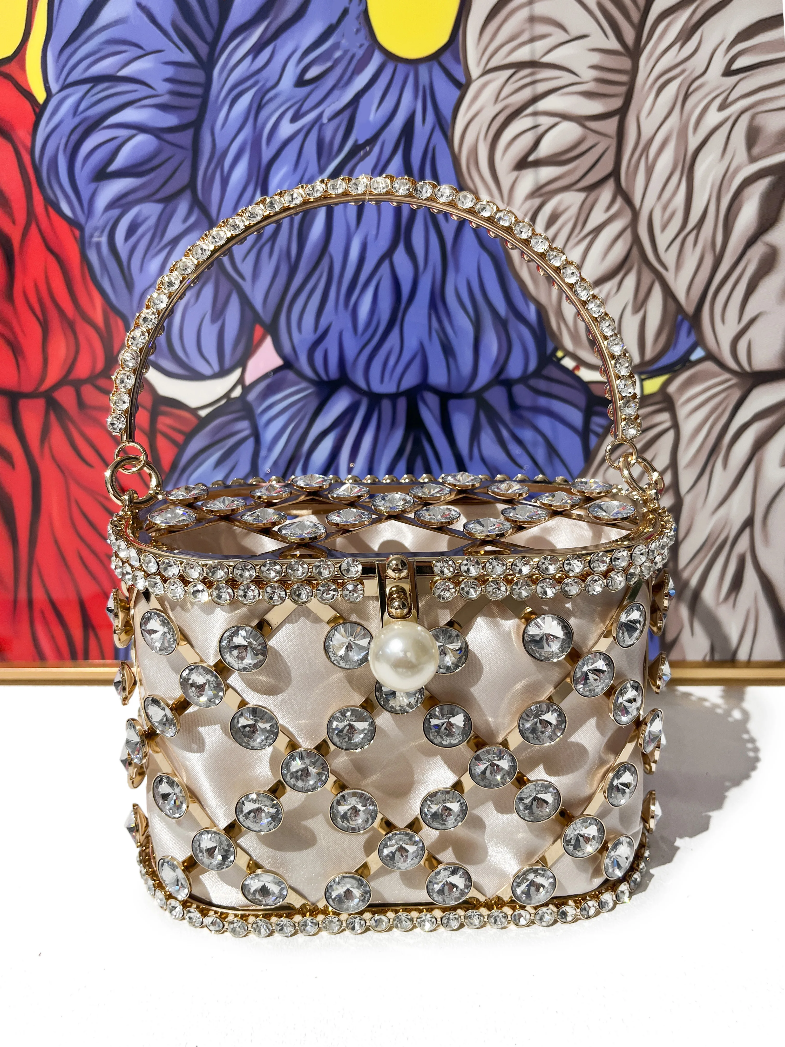 Hollowed-out French vintage vegetable basket with diamond-encrusted hand-held messenger bag