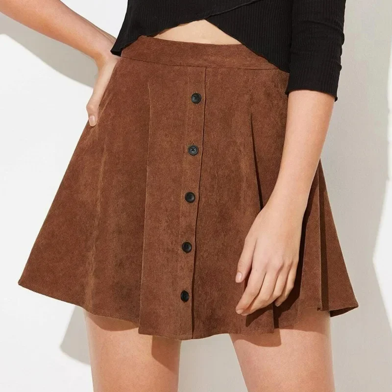 

New Arrival Autumn Winter Corduroy Skirt Women Fashion High Waist Single Breasting Streetwear Casual A-line Skirts 2022