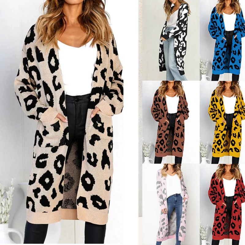 Leopard Print Sweater Loose Mid-length Women's Knitted Cardigan in Autumn and Winter 2025