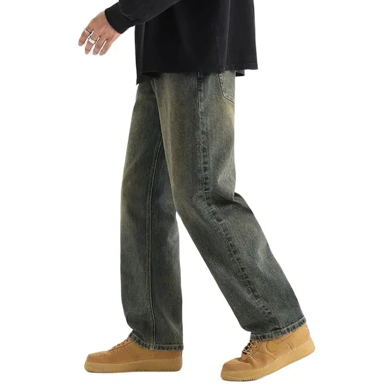 High Quality Men's Jeans Spring Autumn New Loose Vintage Green Versatile Elastic Denim Pants Trousers Bottoms