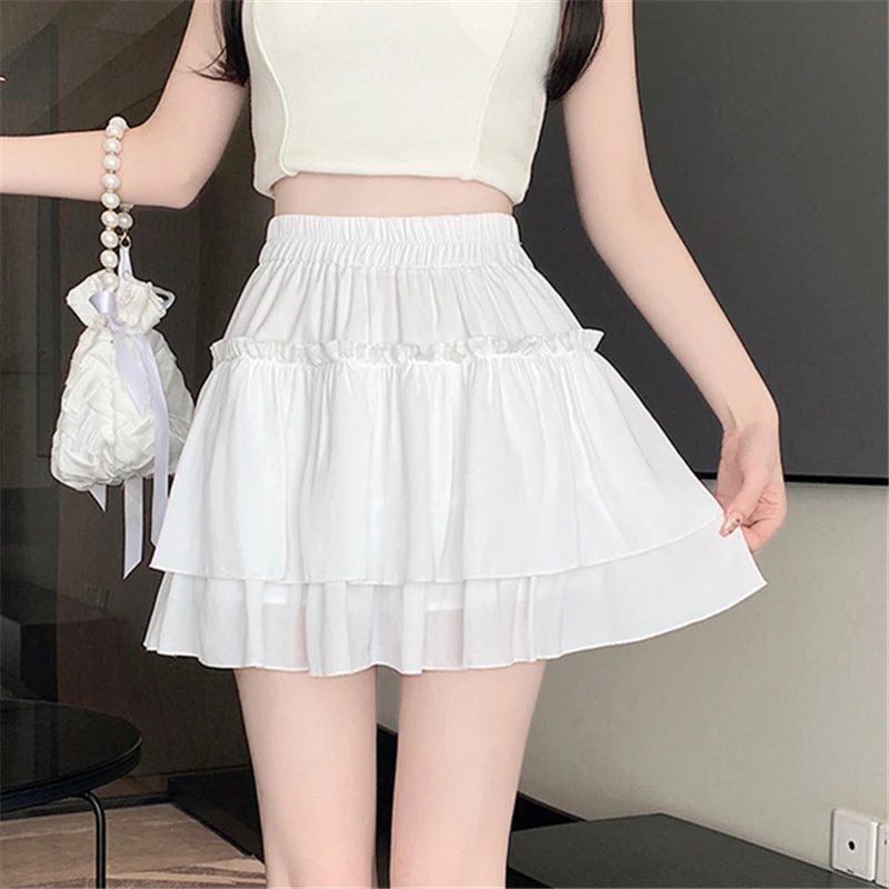 Verano Kawaii elástico de cintura alta negro blanco falda con volantes mujeres moda Slim Fit gasa Mini Faldas Giris Y2k todo fósforo Faldas