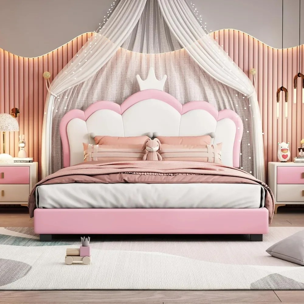 

Full Size Princess Bed for Girls, PU Upholstered Full Platform Bed with Crown Headboard, Full Size Beds Frame for Kids