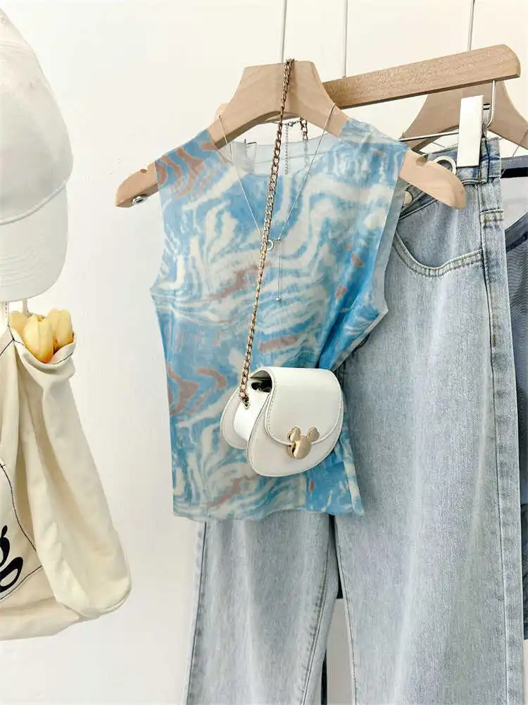 

Blue Dyed Mesh Strap Vest Women's Summer Spicy Slim Fit Sleeveless Top Korean Style round Neck Short Length Silk Blend
