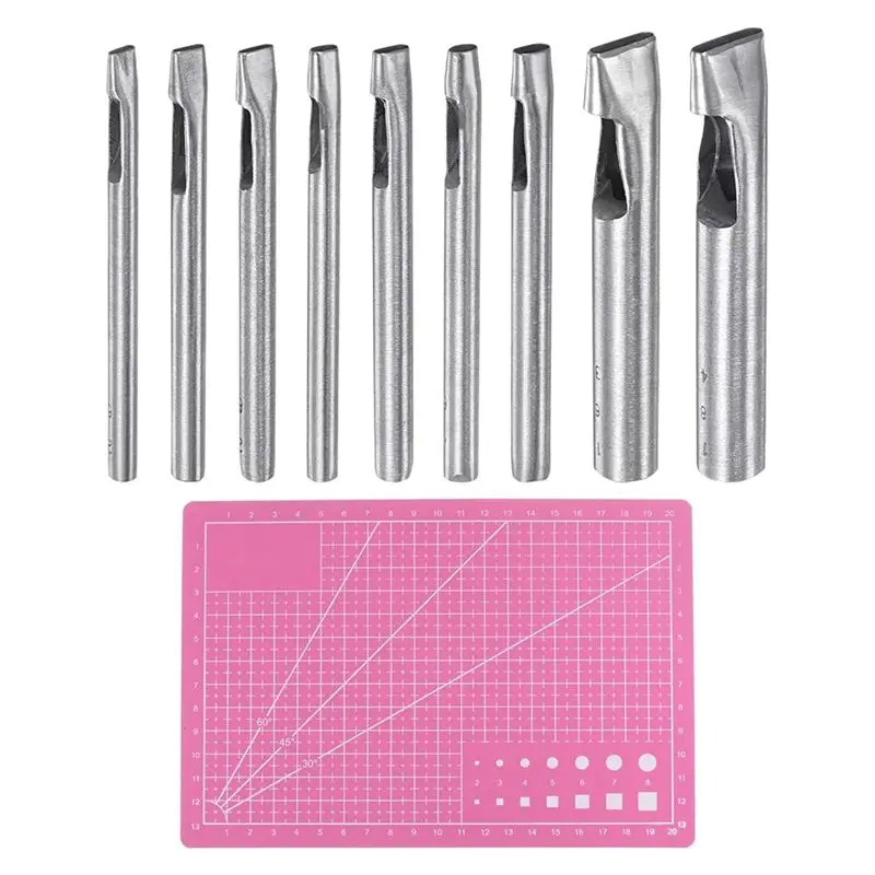 

A98E-9Pcs Leather Oval Hole Punch Stainless Steel With A5 Cutting Mat PVC Oblong Hole Punch Puncher Tool Easy Install Easy To Us