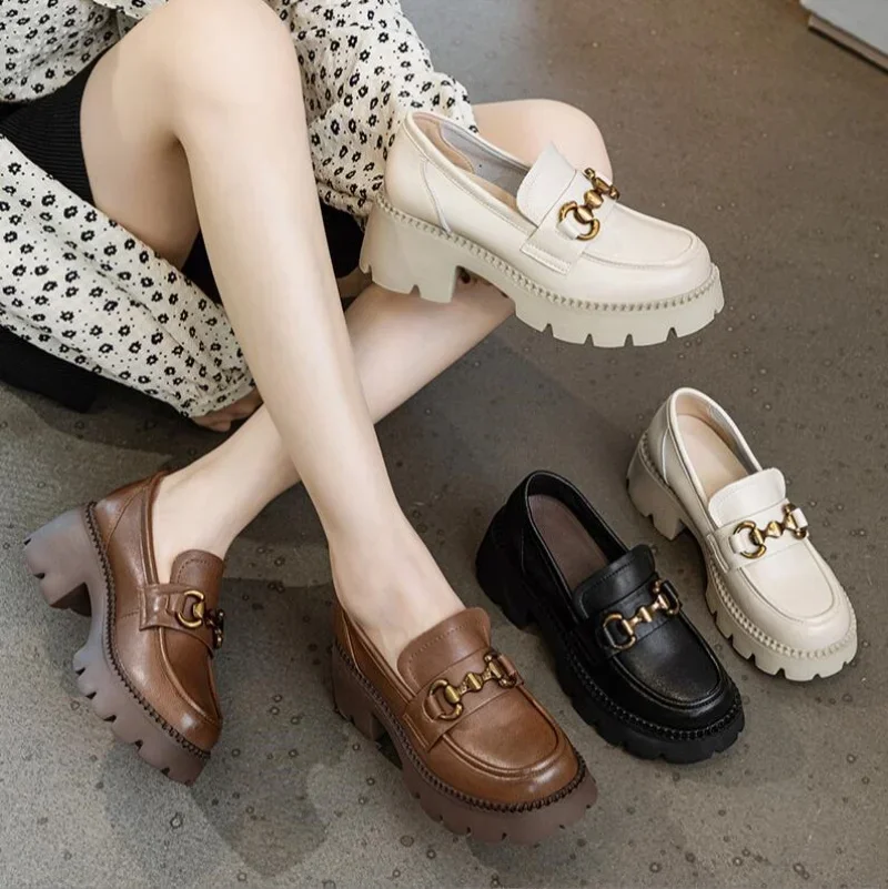 

2025 Women Thick Heel Loafers Slip On Pumps Spring Autumn New Design Metal Genuine Leather Round Toe High Heel Platform Shoes