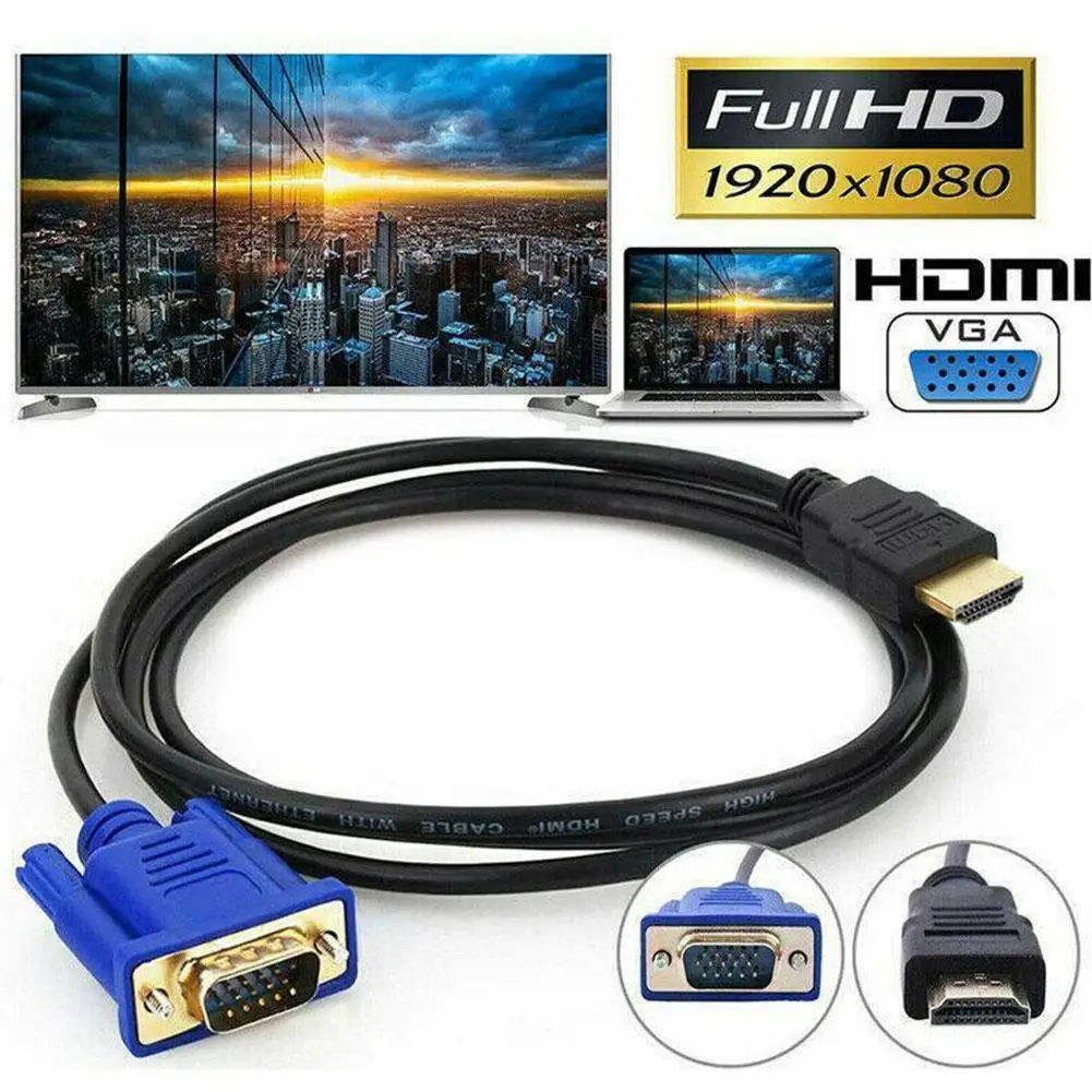 Conversor de cabo HDMI para VGA com fonte de alimentação de áudio, 1080P, macho para fêmea, adaptador para tablet, laptop, PC, TV