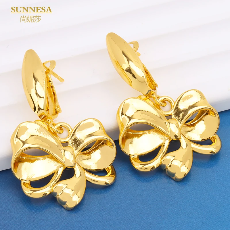 SUNNESA Fashion Gold Plated African Jewelry Set For Women Dubai Bride Wedding Gift BowKnot Round Necklace Earrings Jewellery