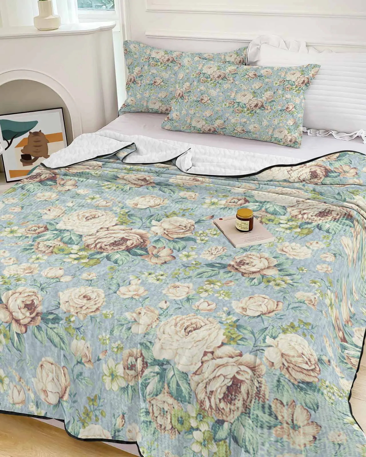 Flower Illustration Camellia Retro Cooling Blankets Air Condition Comforter Lightweight Summer Quilt for Bed Soft Thin Quilt