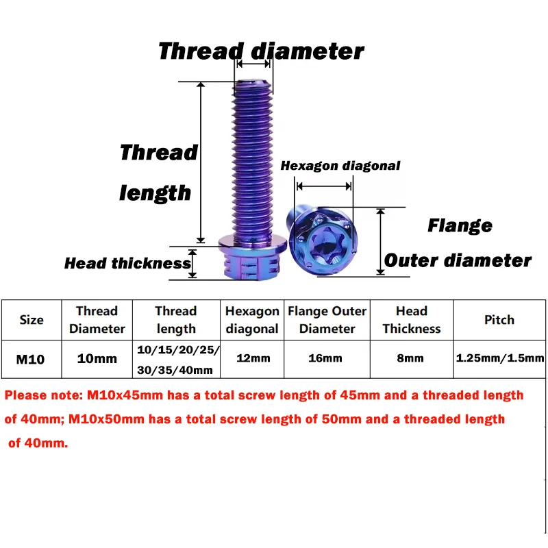 1pcs External Hex Torx Head Flange Screw Titanium Ti Bolts M10x10/25/20/25/30/35/40/45/50mm Hexagon Six-Lobe Head Screws