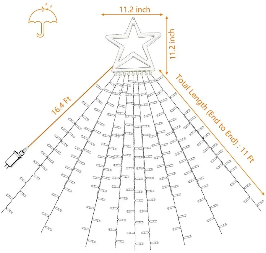 Luz de hadas de estrella de árbol de Navidad impermeable, luz de cascada de estrella de árbol de Navidad, guirnalda de luz de carámbano, 9x3,5 m, 350 LED