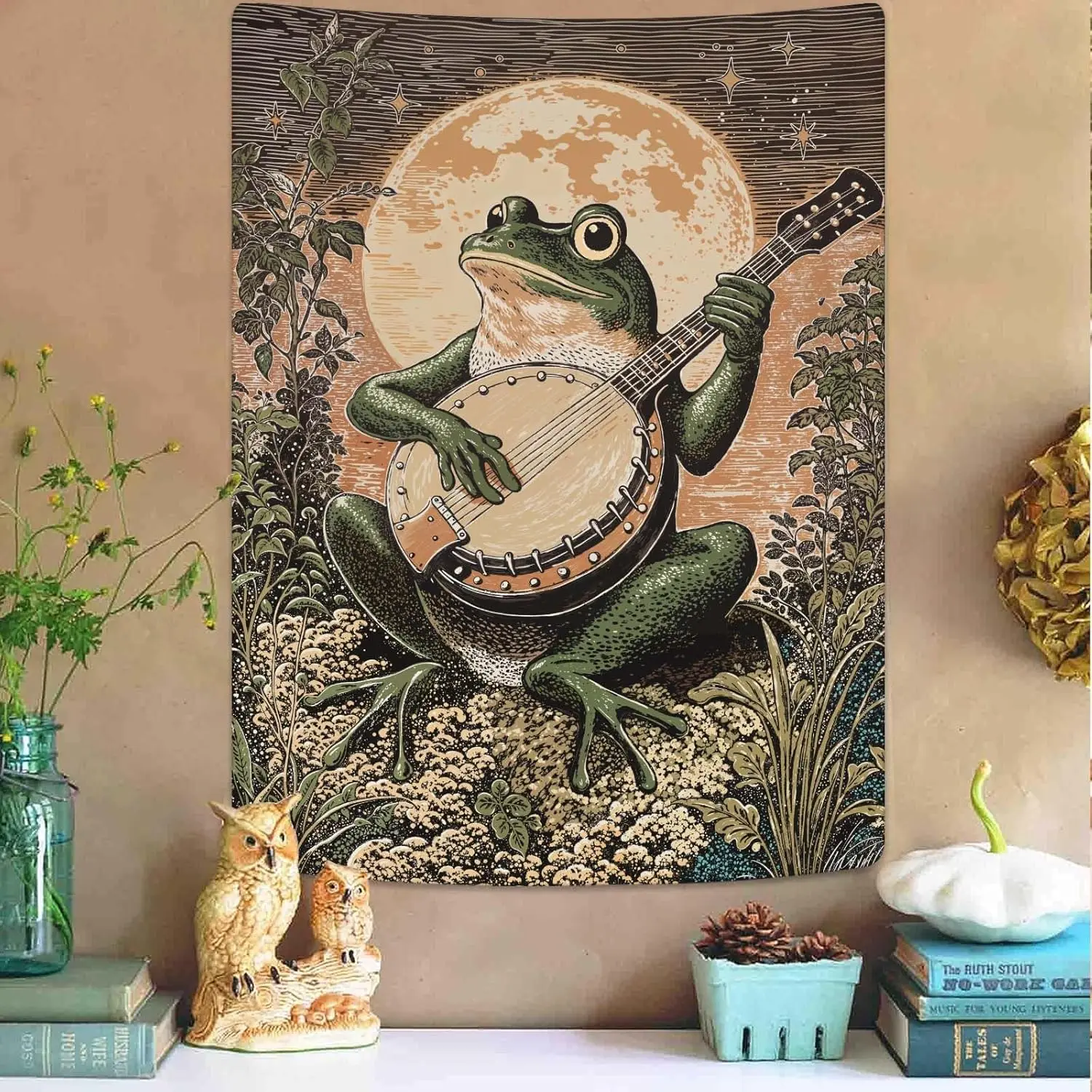 Hippie Frog Banjo Tapestry, Moon Night Forest Animal Wall Hanging, Retro Psychedelic Tapestry for Home Bedroom Dorm Decor