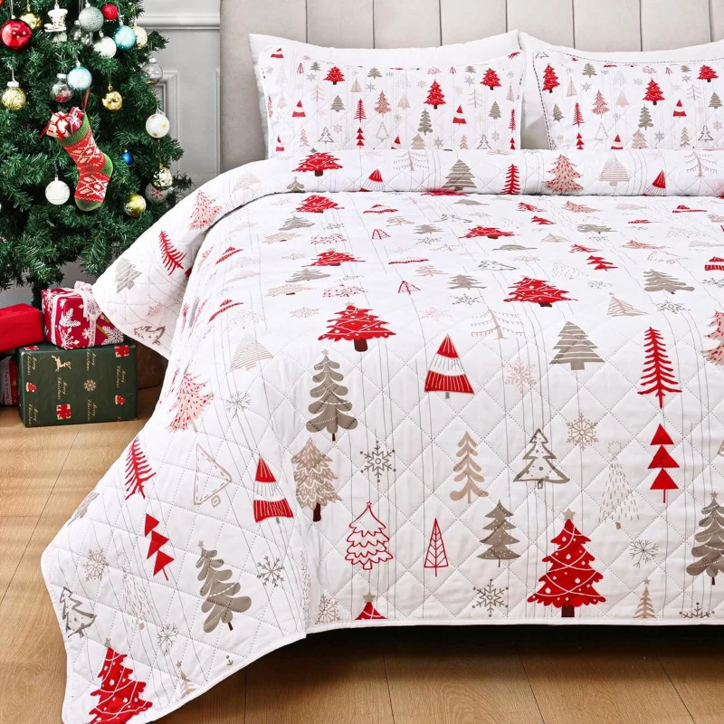 

King Size 3 Pieces Christmas Tree Quilt Sets - White Bedspread with 2 Pillow