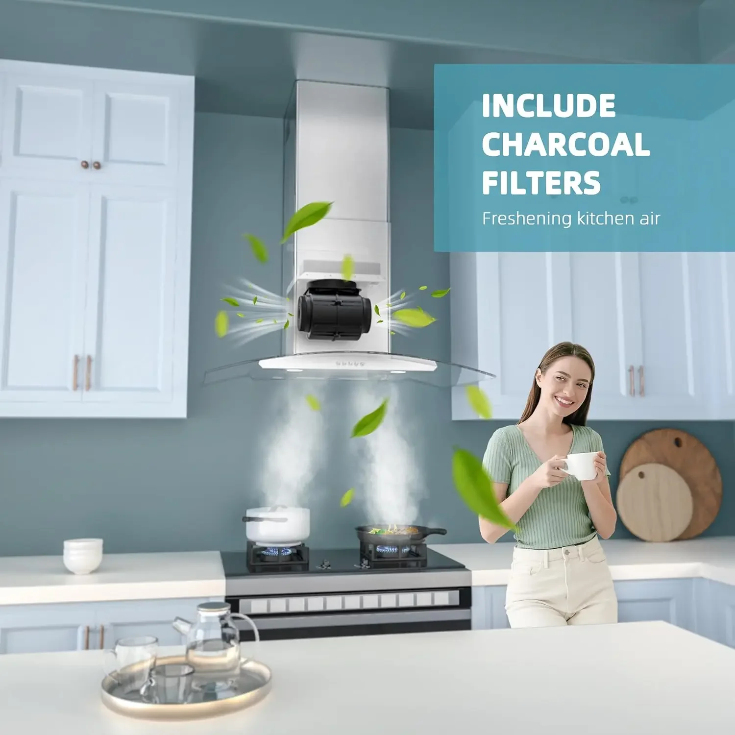 Hood 30 Inch, FIREGAS Ducted/Ductless Convertible Wall Mount Range Hood with Tempered Glass, 3 Speed Fan, 400CFM, Button Control