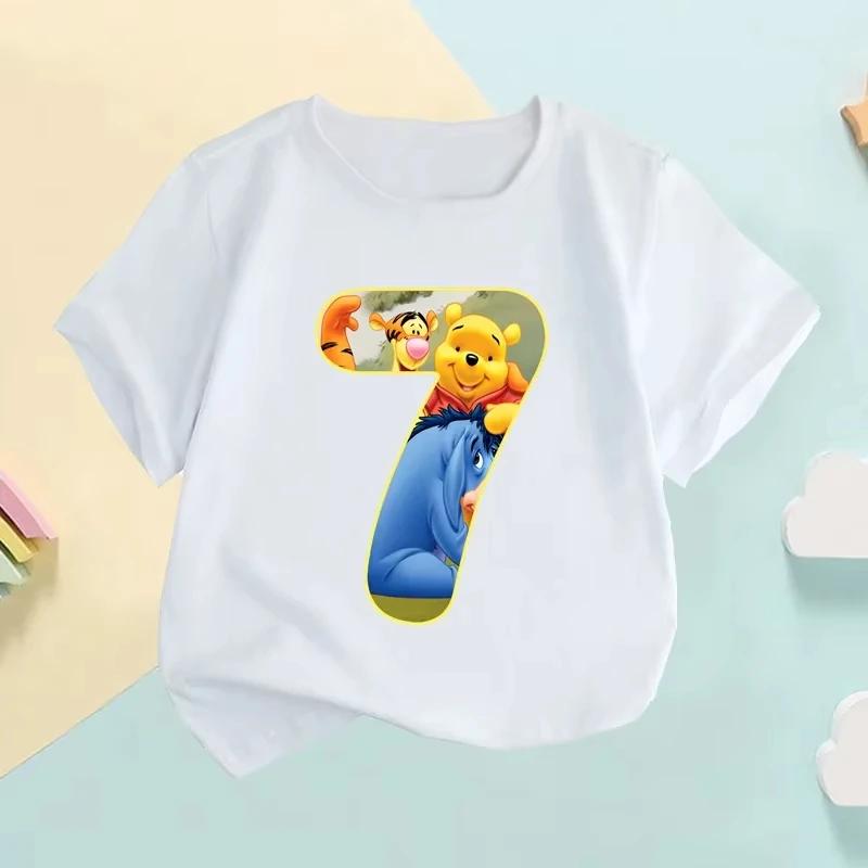2026 コットン子供用ラウンドネック Tシャツかわいいくまのプーさん誕生日番号漫画プリント半袖