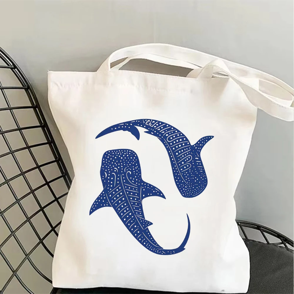 Vintage Ocean Shark Printed Canvas Shoulder Bag Sea Life Graphics Shopping Tote Reusable Cotton Cloth Handbag Bookbag for Girls