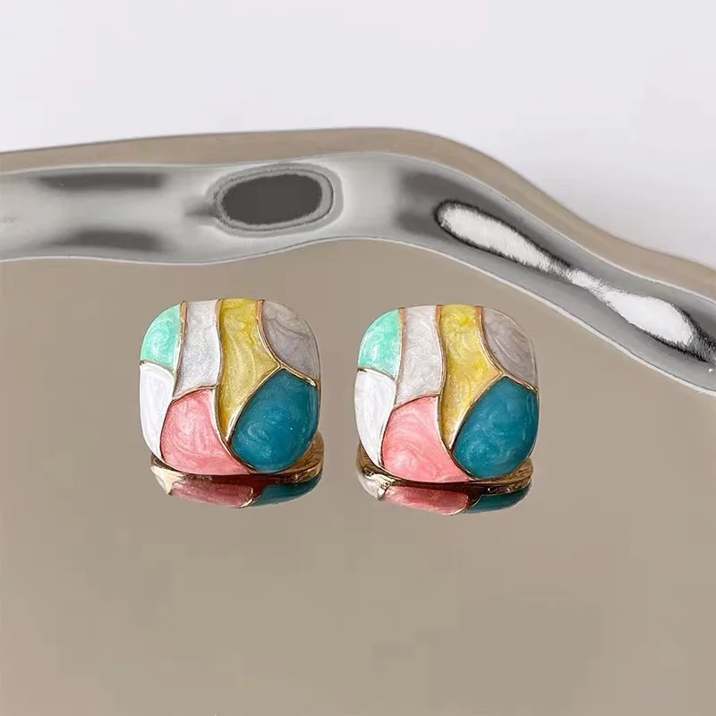 Irregular Patchwork Candy Color Enamel Oil Earrings for Women Party Fashion Korean Jewelry Geometry Square Stud Earrings Gift