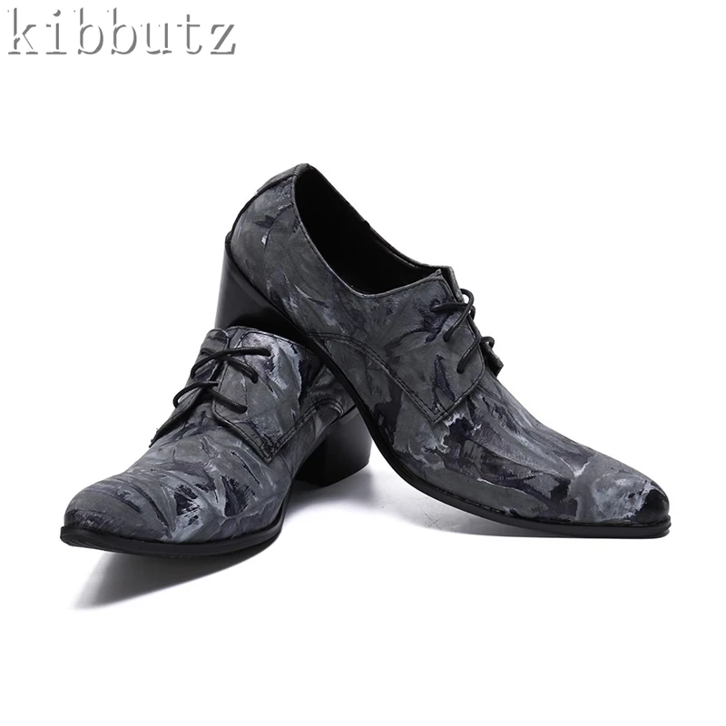 Zapatos de negocios de cuero genuino con estampado de lujo para hombre, zapatos de tacón medio con cordones, Punta puntiaguda, zapatos formales para fiesta, talla grande