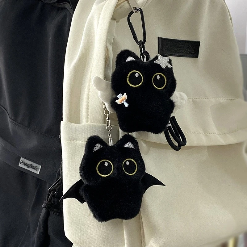 Cute Plush Cat Keychain Adorable Black Big-eyed Kitten Key Pendant Cartoon Backpack Key Ring Accessory image 2