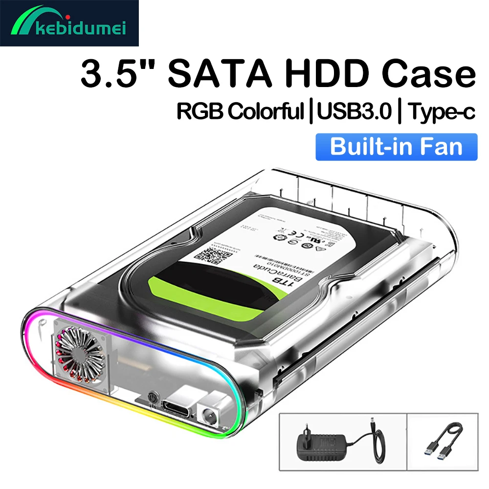 

2.5/3.5" HDD/SSD Enclosure Transparent USB 3.0 Type C to SATA External HDD Case Support 28TB SSD RGB Colorful Light Built-in Fan