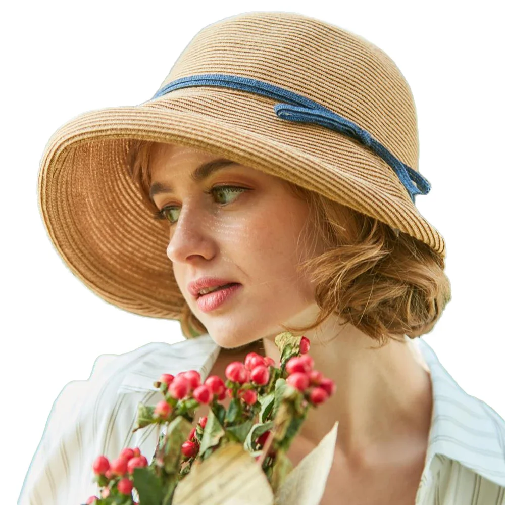 French Straw Bonnet Cap for Women Victorian Sun Hat Chin Strap Foldable Summer Bucket Hat Fedoras Beach Accessories