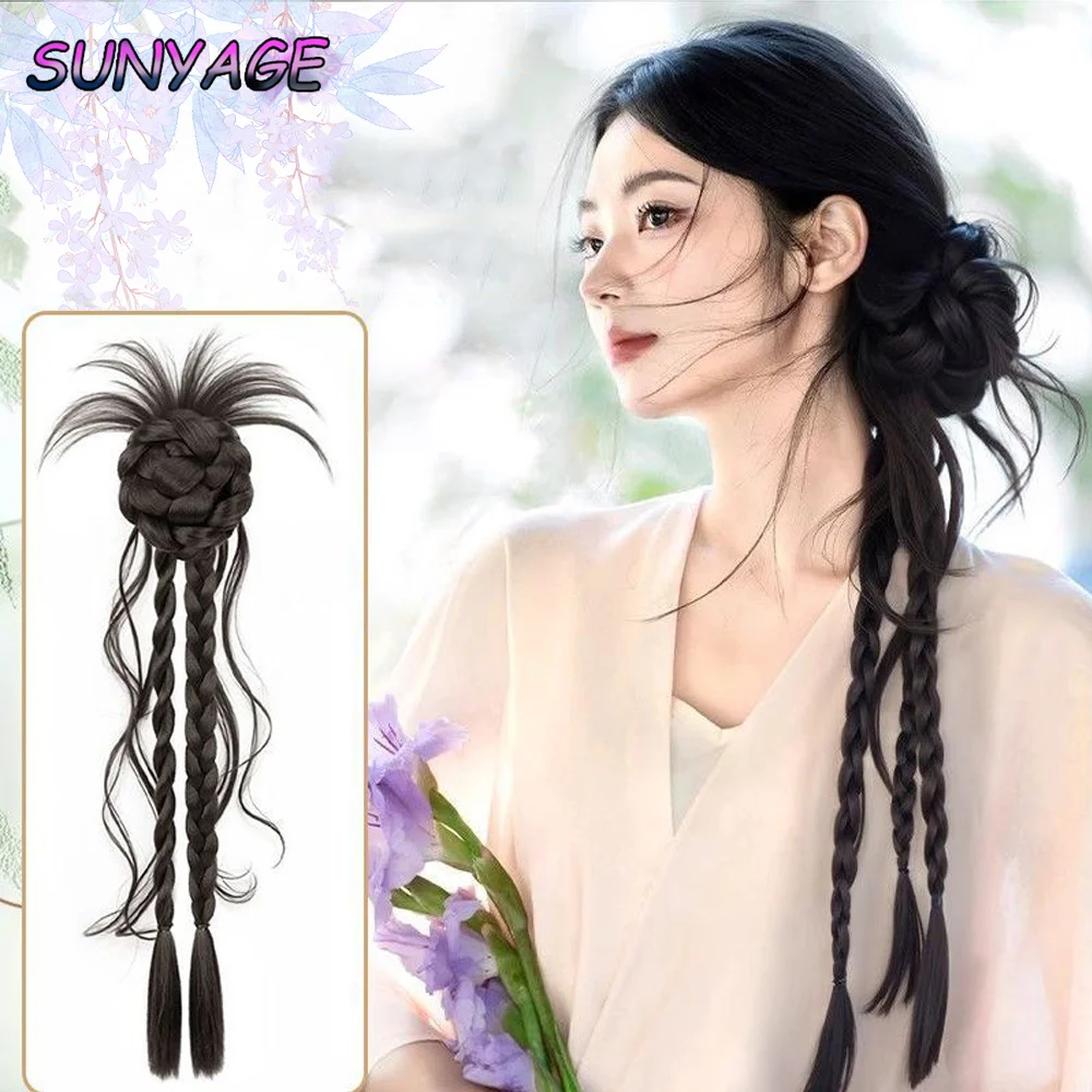 合成ロングブレイドポニーテールナチュラルヘアエクステドラゴンビアードフラワーバッドヘッドクロウクリップスタイルふわふわお団子ヘアウィッグ女性用