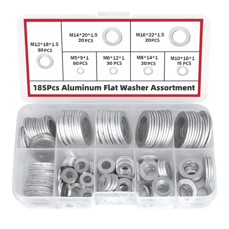 ชุดแหวนรองอะลูมิเนียมแบบแบน 185 ชิ้น ขนาด M5 M6 M8 M10 M12 M14 M16 สำหรับงานประปา ซ่อมรถยนต์ และบำรุงรักษาเครื่องจักร