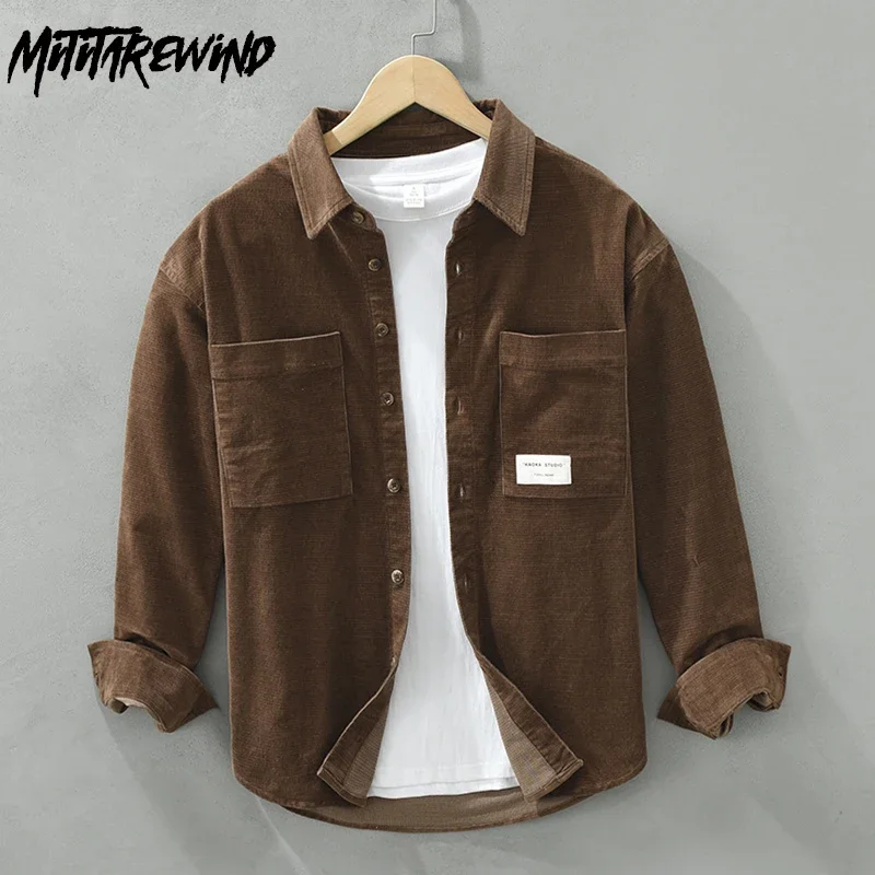 

Японские винтажные вельветовые рубашки для мужчин, осенняя рабочая одежда, повседневные рубашки, рубашка с длинными рукавами и двойным карманом, мужская простая одежда