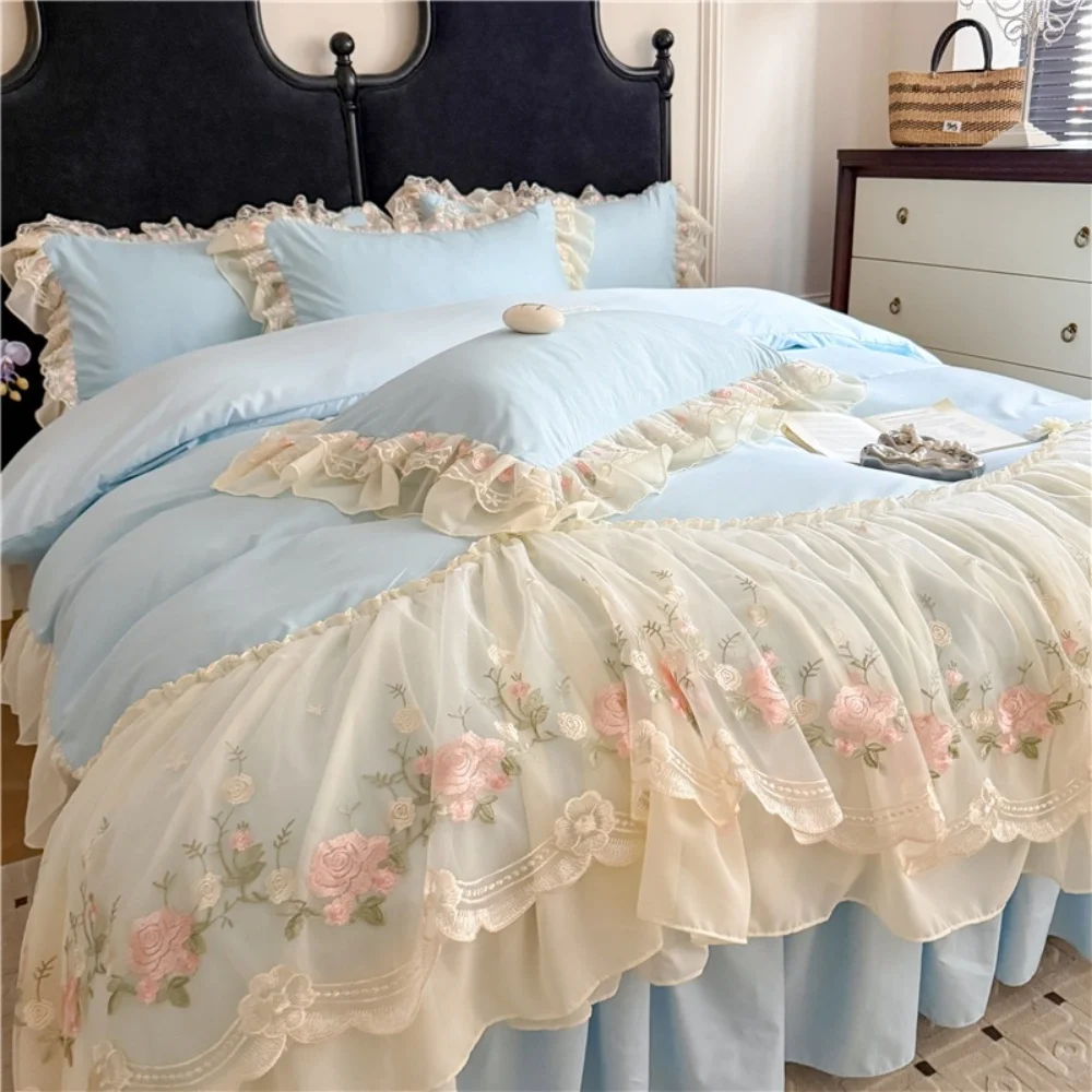 

Korean Style Princess Bedding Set Wedding Lace Flowers Embroidery Duvet Cover Bed Sheet/Fitted Sheet/Bed Skirt Pillowcases 4Pcs