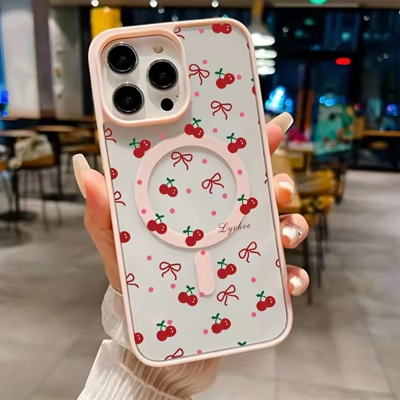 Red Cherry Printed Magnetic Phone Case For iPhone 17 16 15 14 13 12 Pro Max Mini X XS XR 14 Plus 16E 17Air Clear Hard Cover view 4