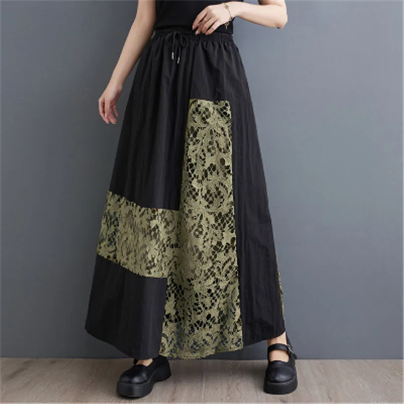 

2024 Spring Summer New Half Skirt Spliced Lace Long Skirt Loose and Elegant Casual A-line Skirts Women's Wear faldas