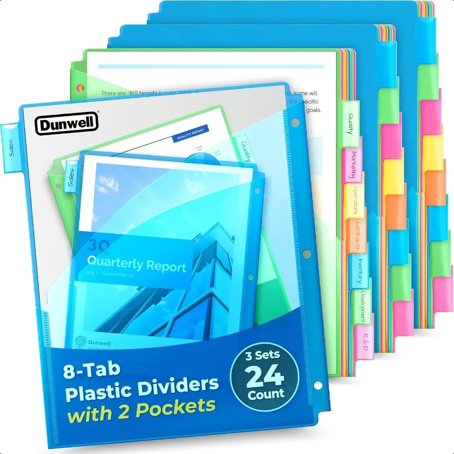 

2Pocket 8 Tab Binder Dividers 3 Sets 24 Count Plastic 8 Subject Notebook Dividers with Pockets for 3Ring Binders Durable Binder