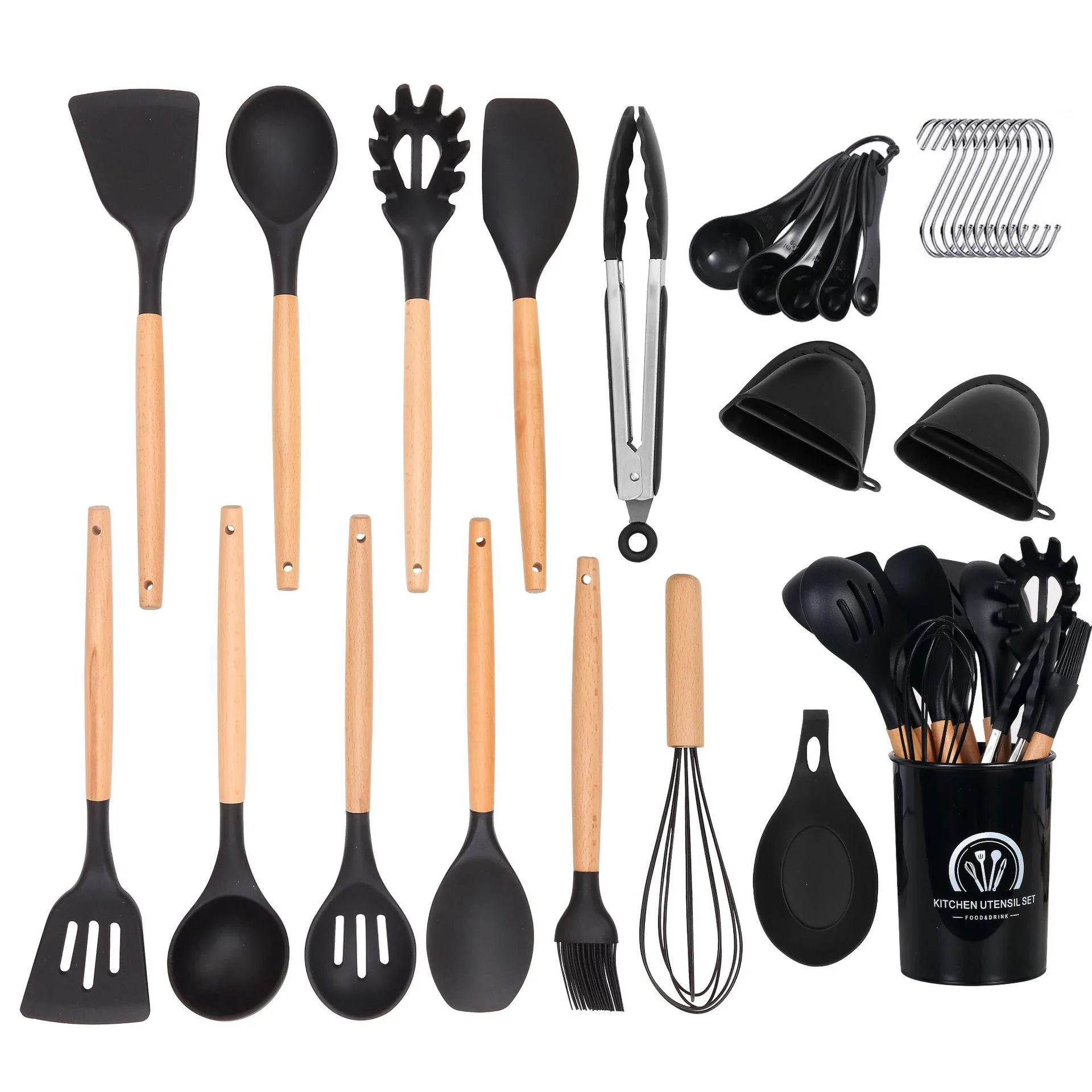 

Silicone Cooking Kitchenware Set Nonstick Wooden Handle Heat Resistant Black Pan Food Grade Baking Tools