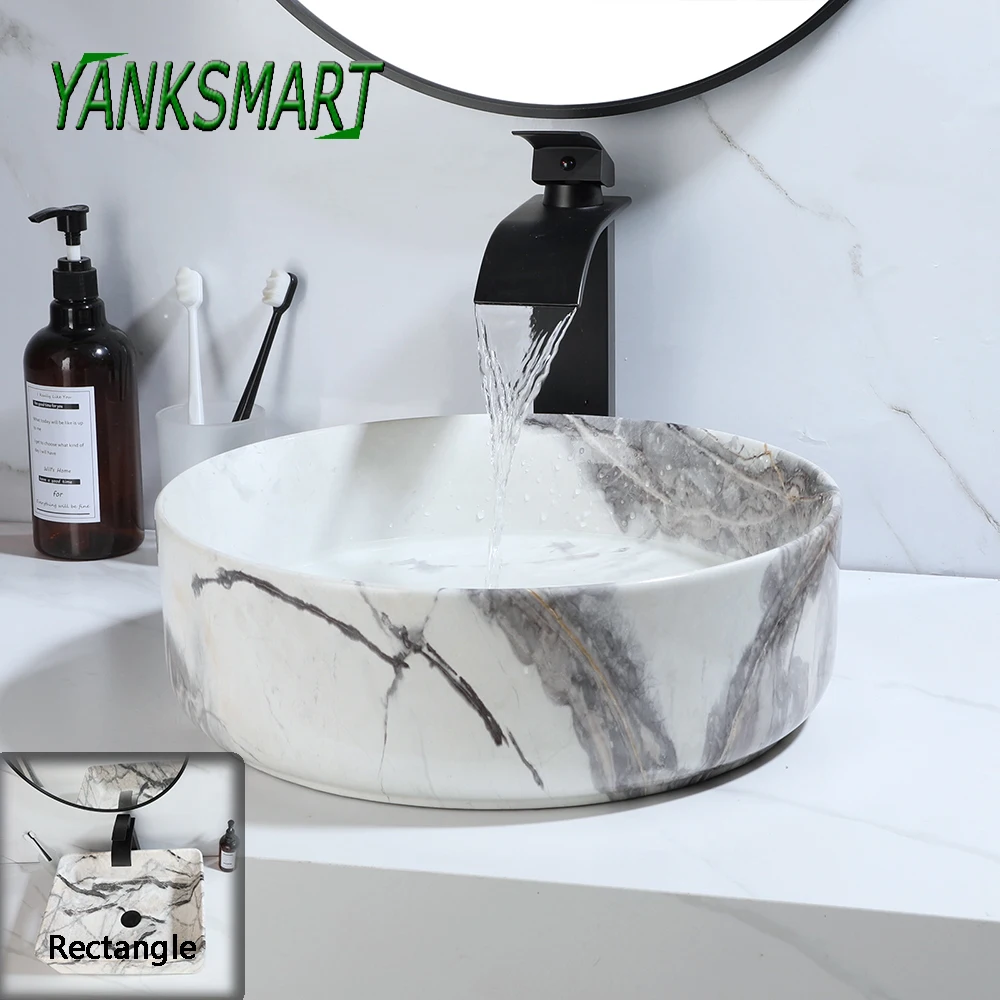 YANKSMART Bathroom Vessel Sink Faucet Set Ceramic Basin Washbasin Vanity Sink Counter Top w/ Waterfall Mixer Water Tap Combo Kit