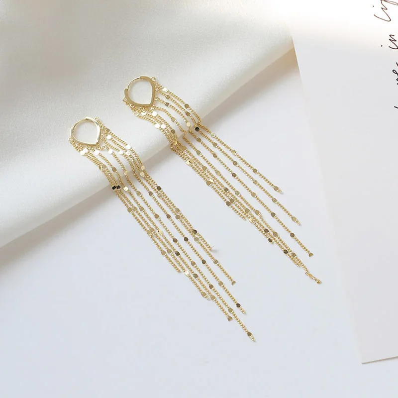 He'Erxian Elegant And Simple Love Ear Buckle Earrings With Long Tassel 14K Gold Earrings