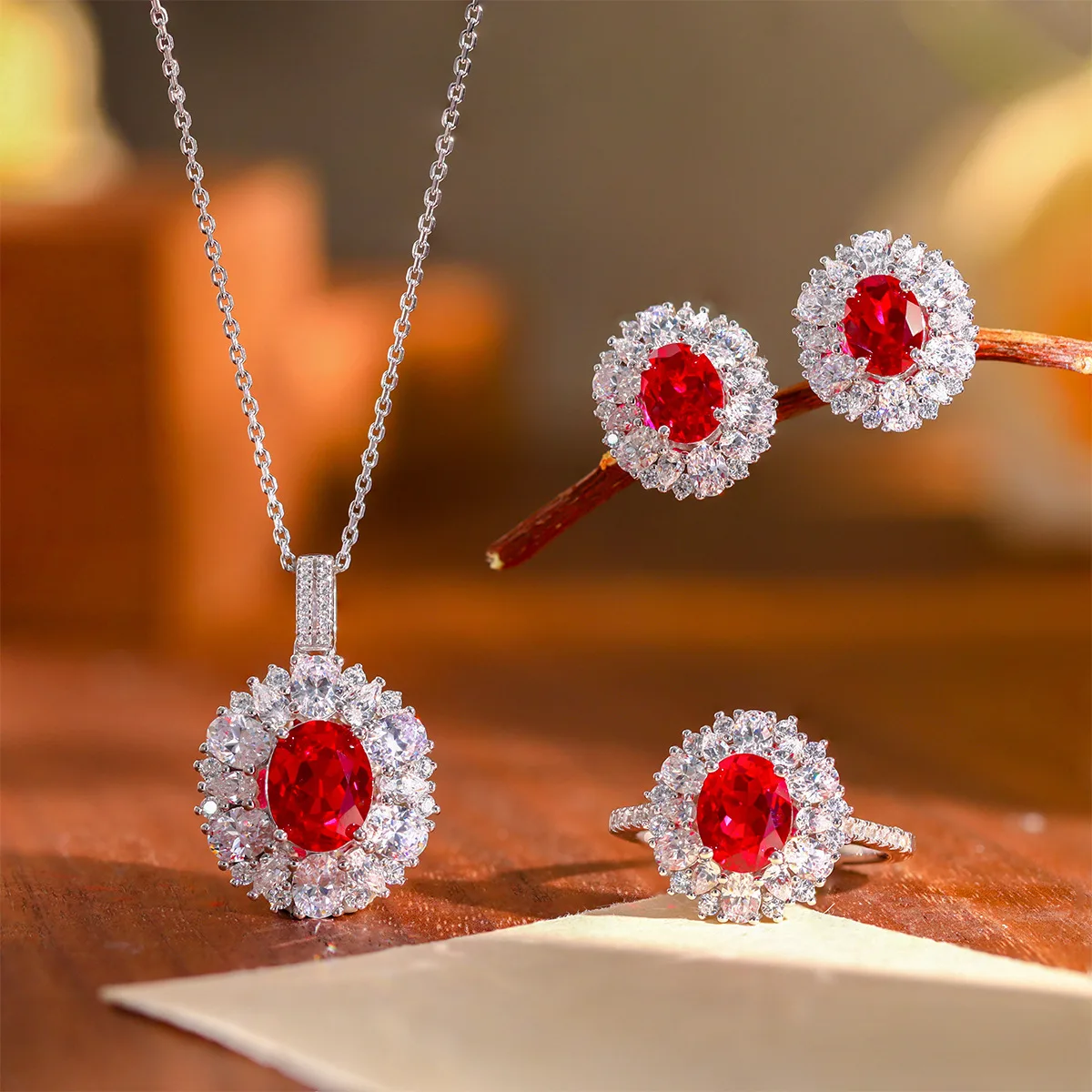 

LinkerLove Oval Cut Ruby Halo Jewelry Set for Women S925 Silver Red Gemstone Necklace Earrings Ring Set July Birthstone Gifts